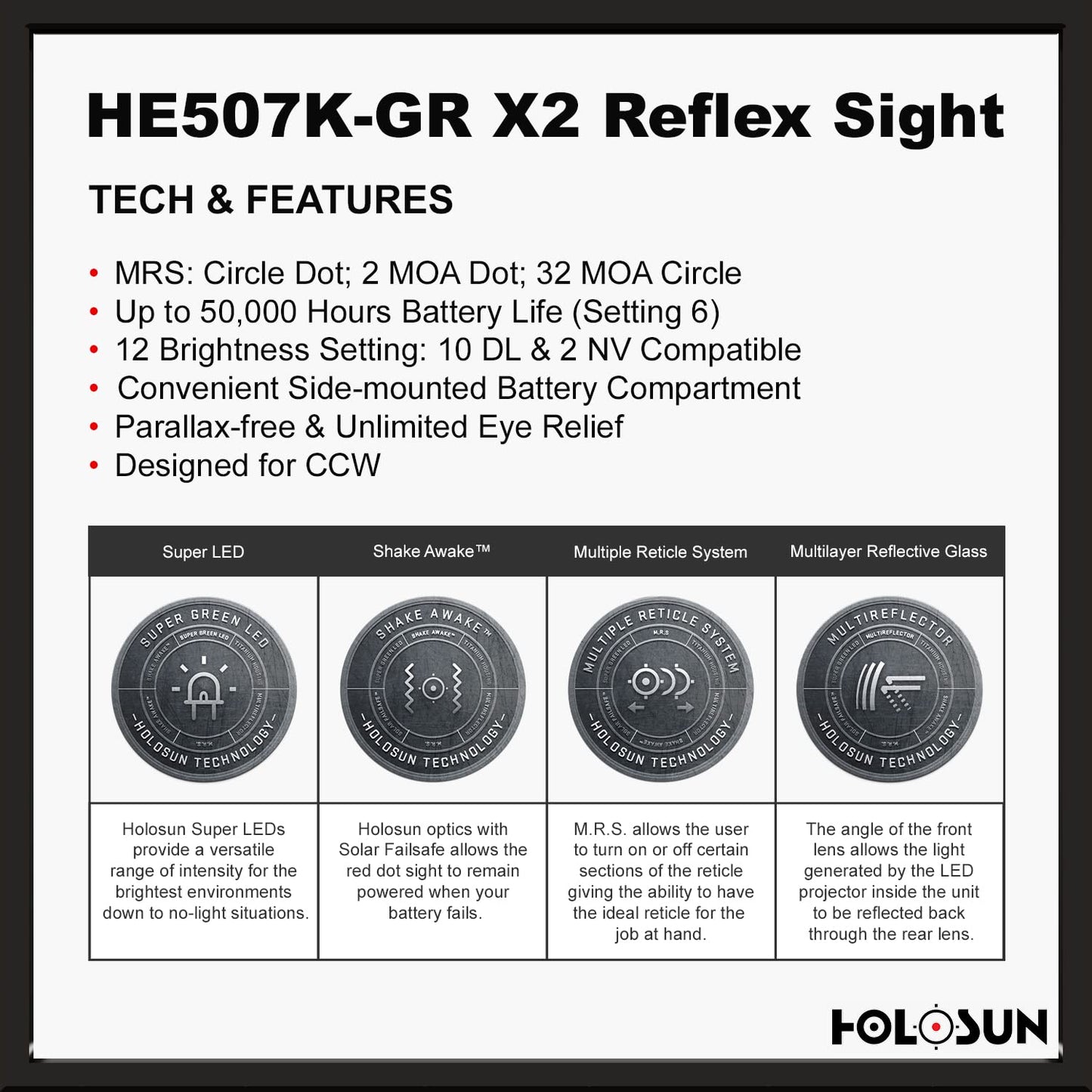 HOLOSUN Green Multi-Reticle, 7075 Aluminum, Open, Shake Awake, Compact Pistol - HE507K-GR X2