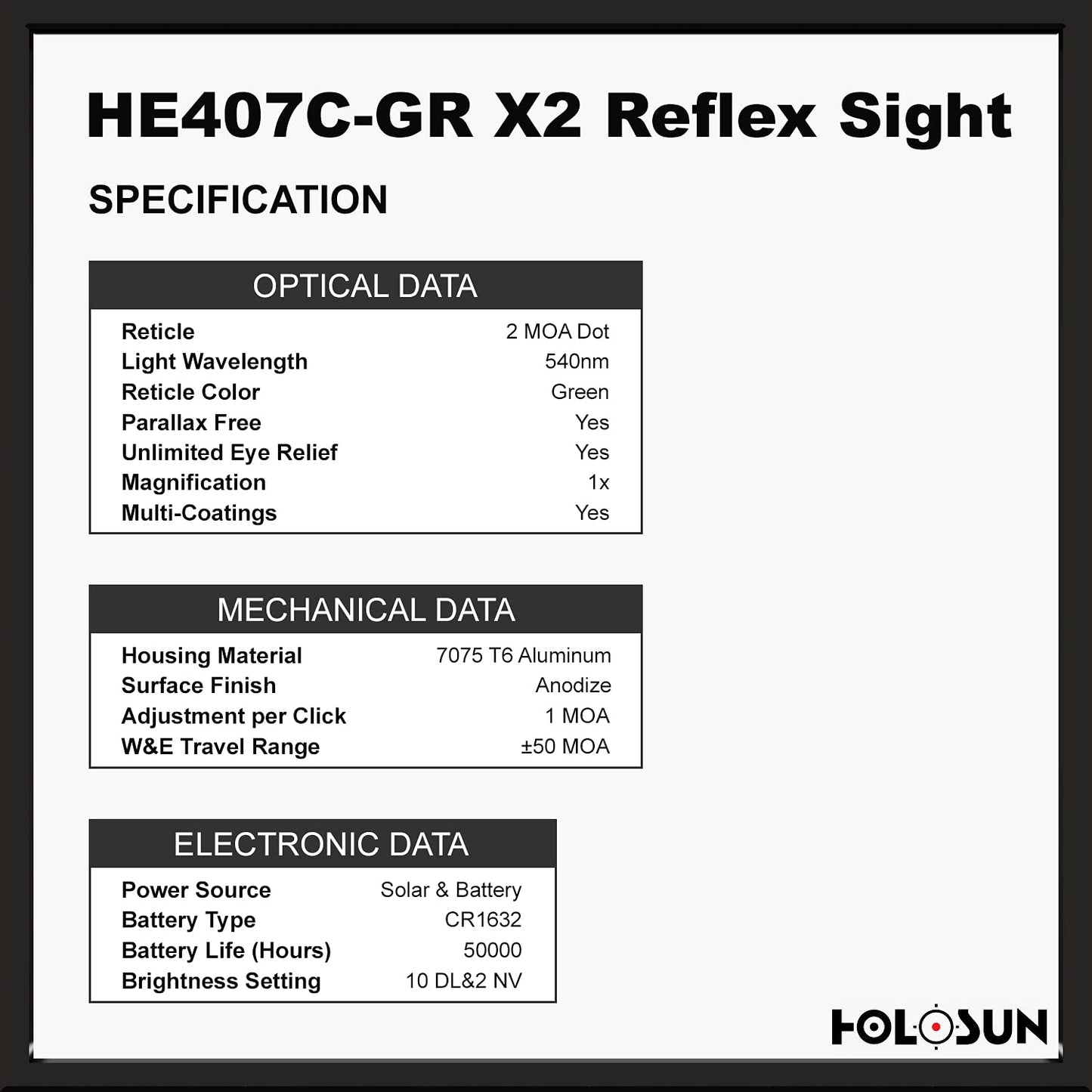 HOLOSUN Green 2MOA Dot, 7075 Aluminum, Open, Solar, Shake Awake, Pistol - HE407C-GR X2