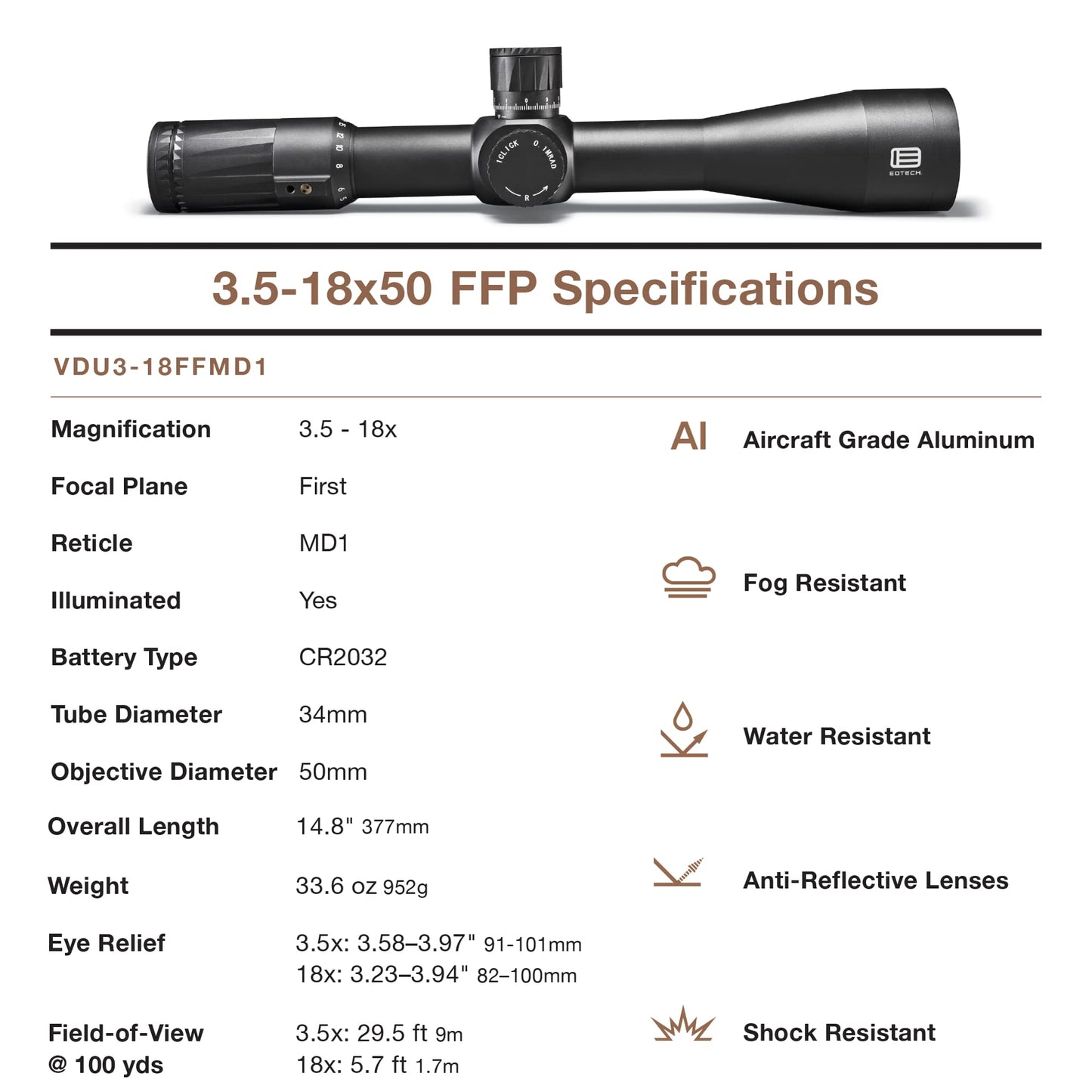 EOTECH Vudu 3.5-18x50 FFP Riflescope - MD1 Reticle (MRAD) - VDU3-18FFMD1