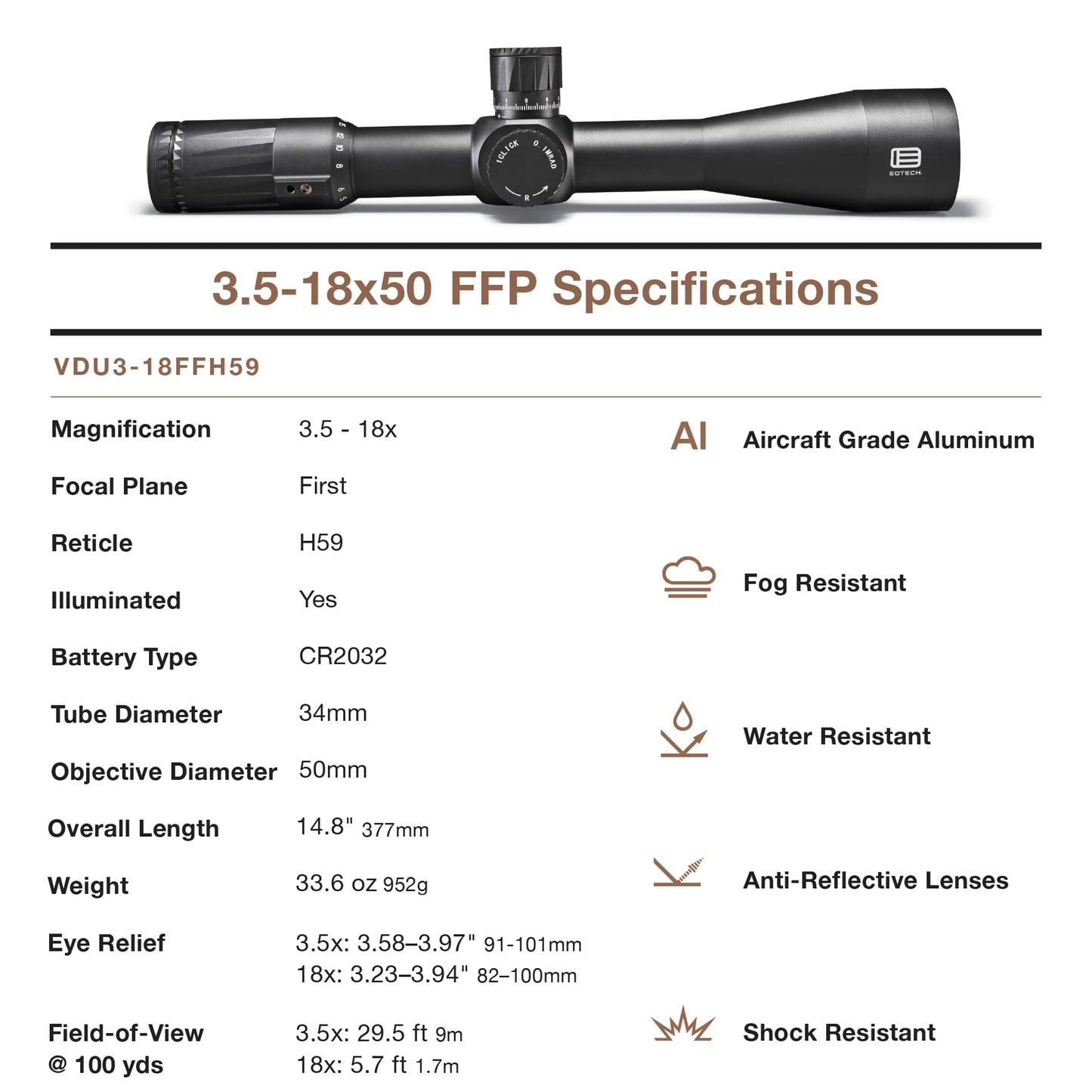EOTECH Vudu 3.5-18x50 FFP Riflescope - H59 Reticle (MRAD) - VDU3-18FFH59