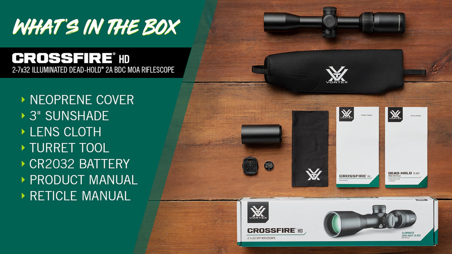 Vortex Crossfire HD 2-7x32 Second Focal Plane, 1-inch Tube Riflescope - Illuminated Dead-Hold 2A BDC MOA