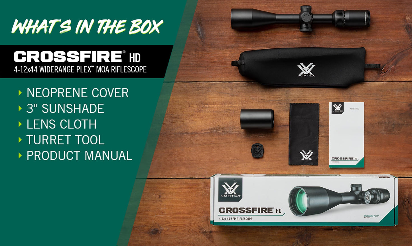 Vortex Crossfire HD 4-12x44 Second Focal Plane, 1-inch Tube Riflescope - WideRange Plex MOA Reticle