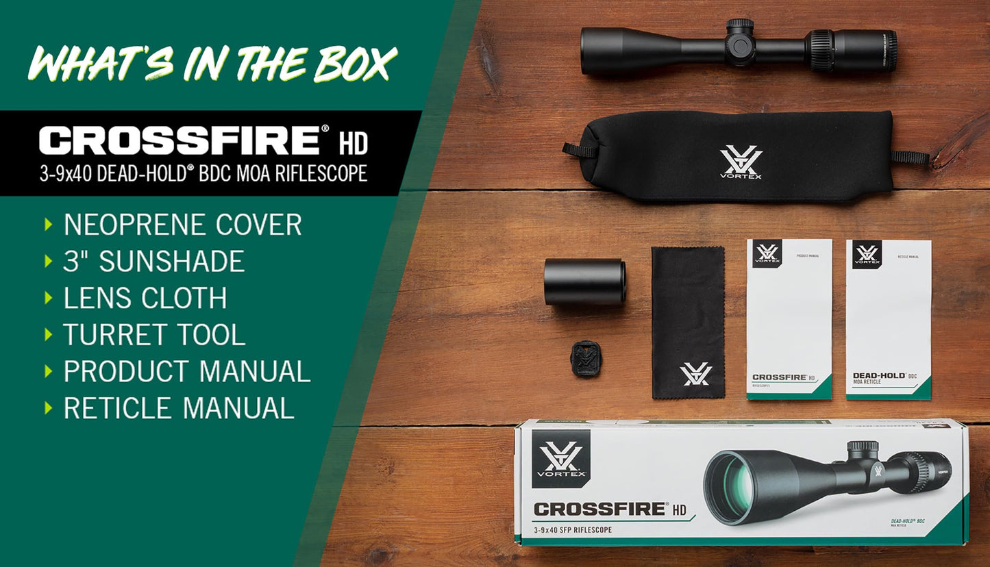 Vortex Crossfire HD 3-9x40 Second Focal Plane, 1-inch Tube Riflescope - Dead-Hold BDC MOA Reticle