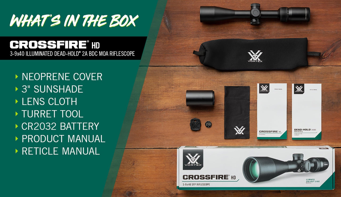Vortex Crossfire HD 3-9x40 Second Focal Plane, 1-inch Tube Riflescope - Illuminated Dead-Hold 2A BDC MOA Reticle
