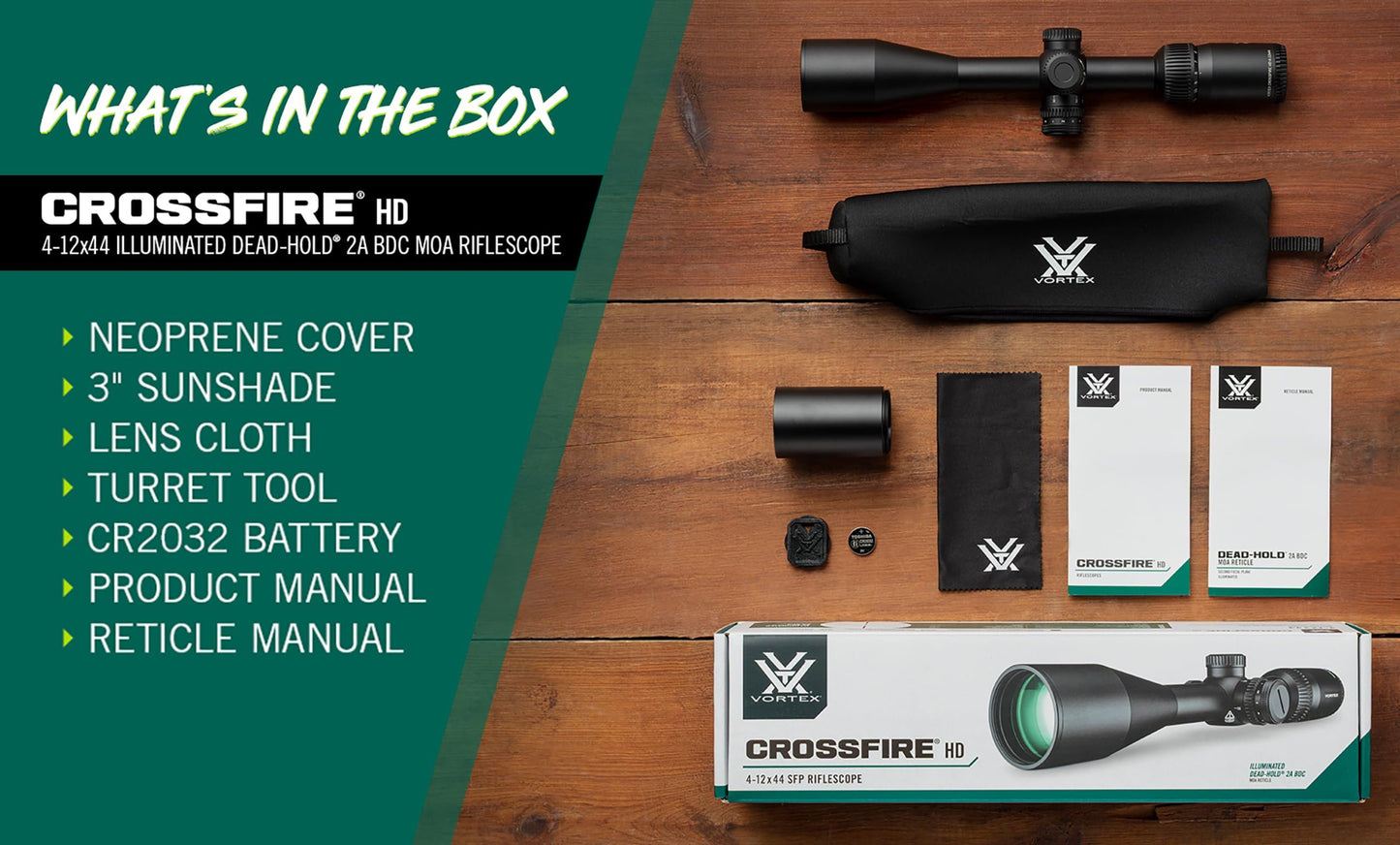 Vortex Crossfire HD 4-12x44 Second Focal Plane, 1-inch Tube Riflescope - Illuminated Dead-Hold 2A BDC MOA Reticle