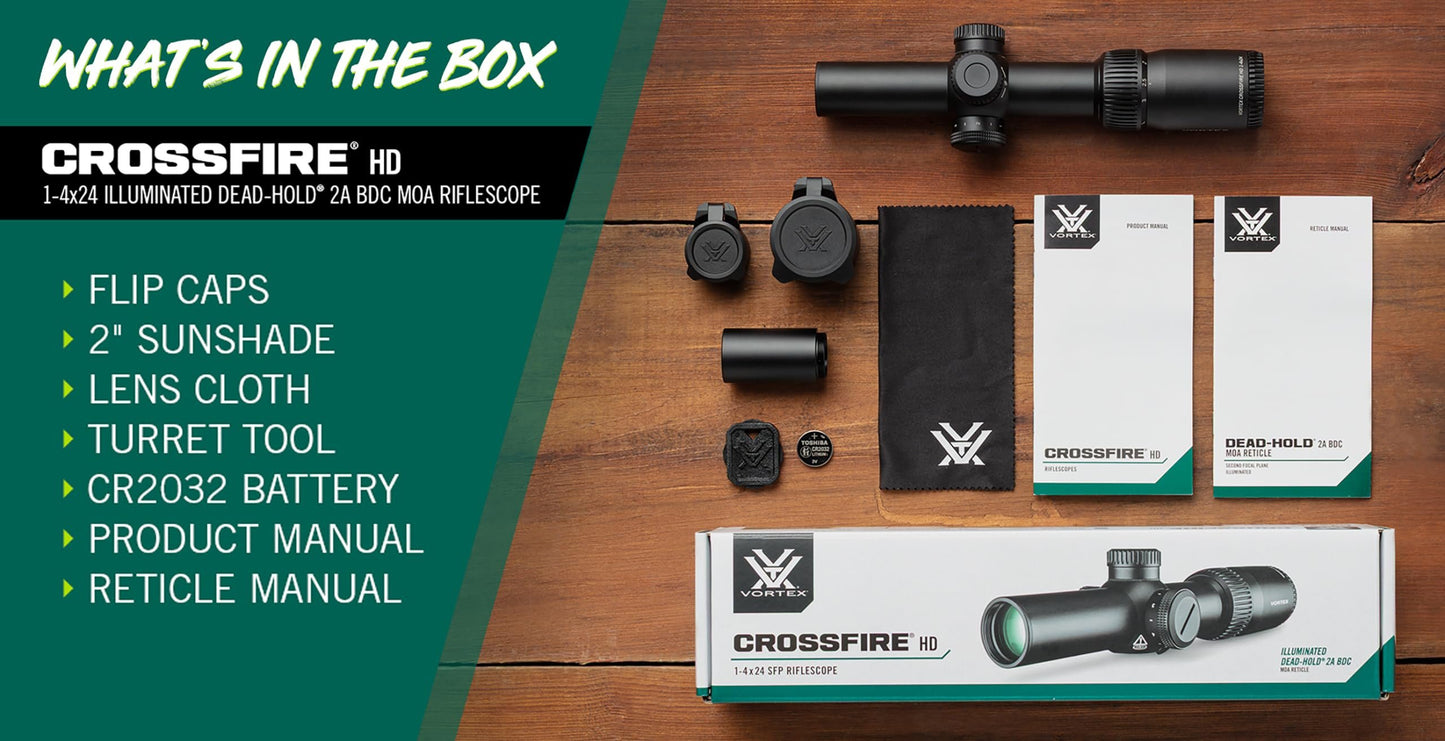 Vortex Crossfire HD 1-4x24 Second Focal Plane, 30mm Tube Riflescope - Illuminated Dead-Hold 2A BDC MOA Reticle