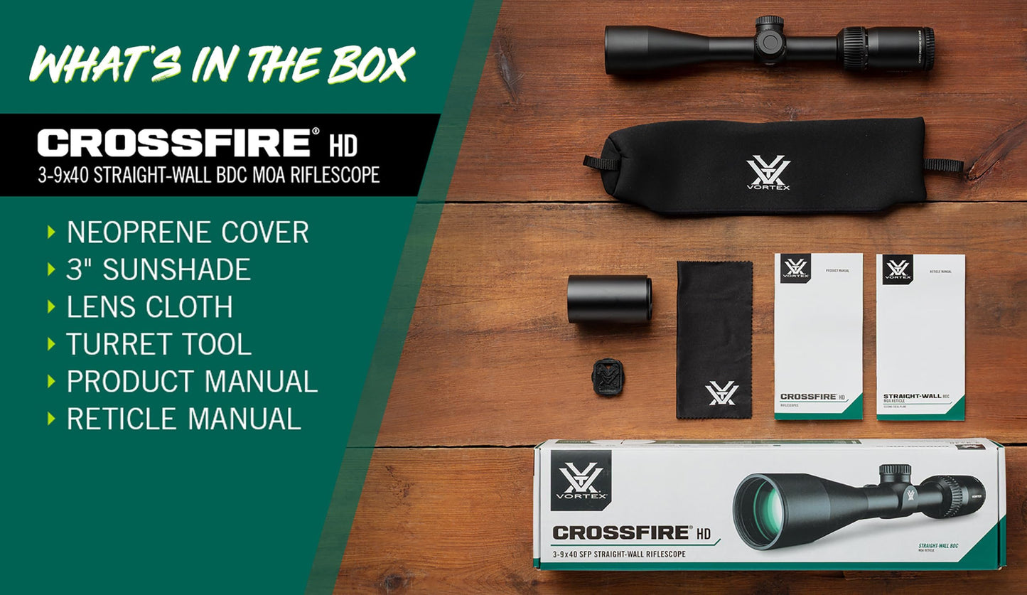 Vortex Crossfire HD 3-9x40 Second Focal Plane, 1-inch Tube Riflescope - Straight-Wall BDC MOA Reticle