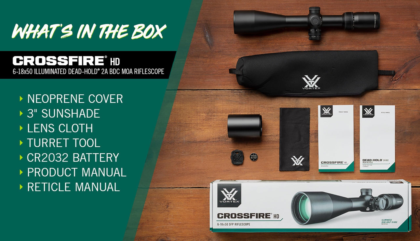 Vortex Crossfire HD 6-18x50 Second Focal Plane, 30mm Tube Riflescope - Illuminated Dead-Hold 2A BDC MOA Reticle