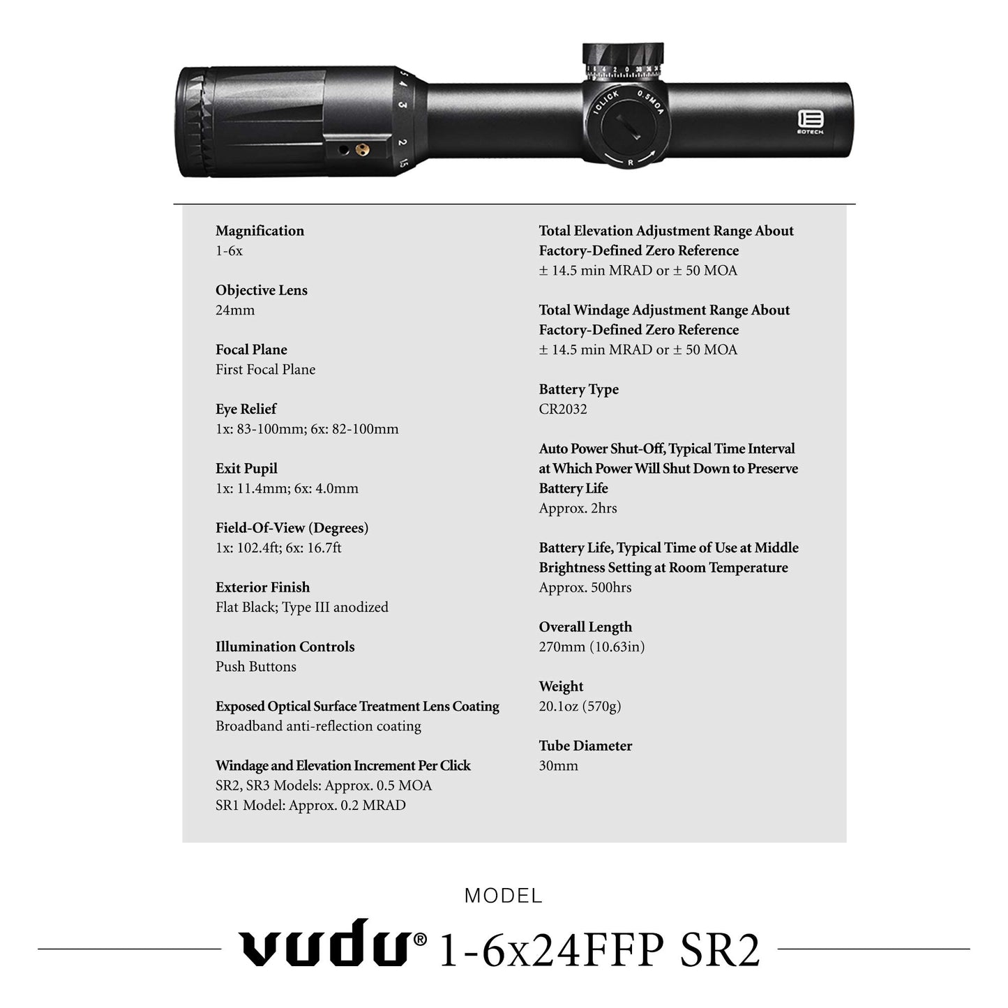 EOTECH Vudu 1-6x24 FFP Riflescope - SR2 Reticle (MOA) - VDU1-6FFSR2