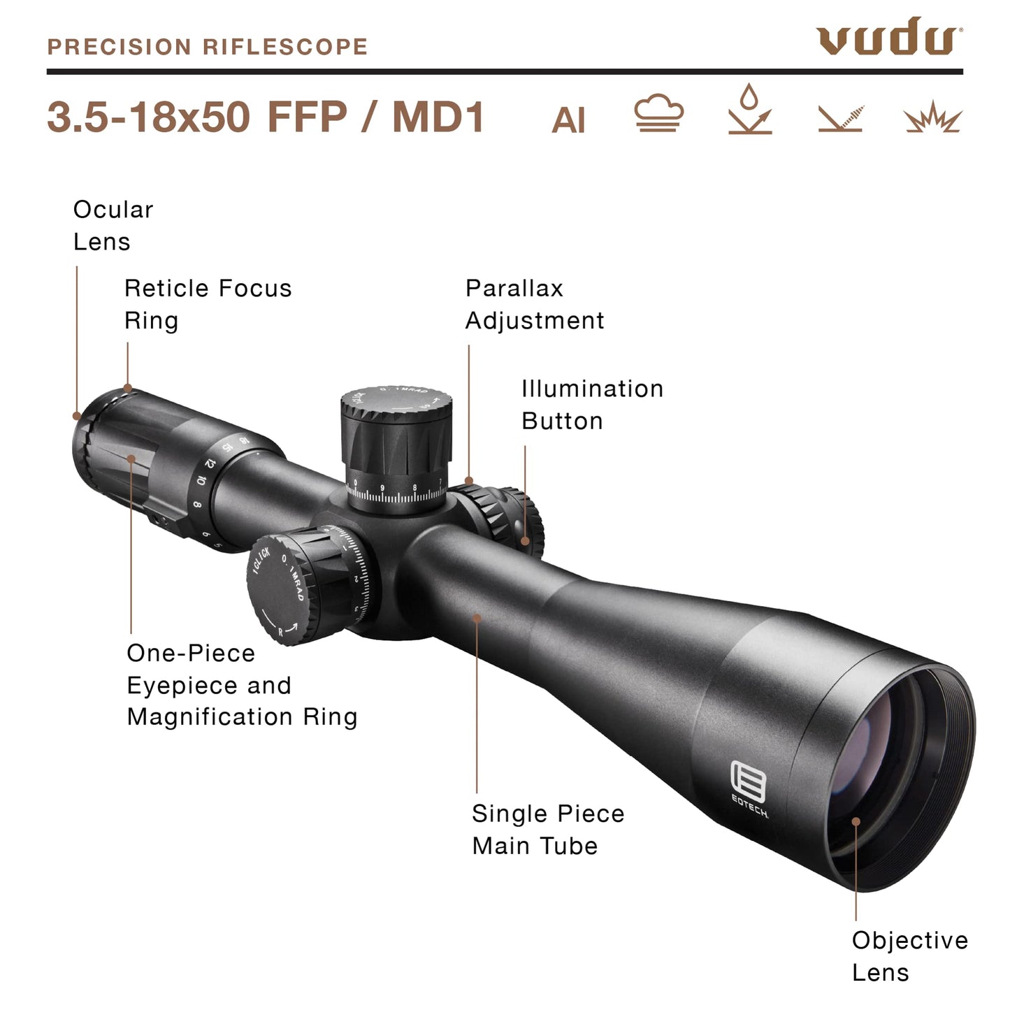 EOTECH Vudu 3.5-18x50 FFP Riflescope - MD1 Reticle (MRAD) - VDU3-18FFMD1