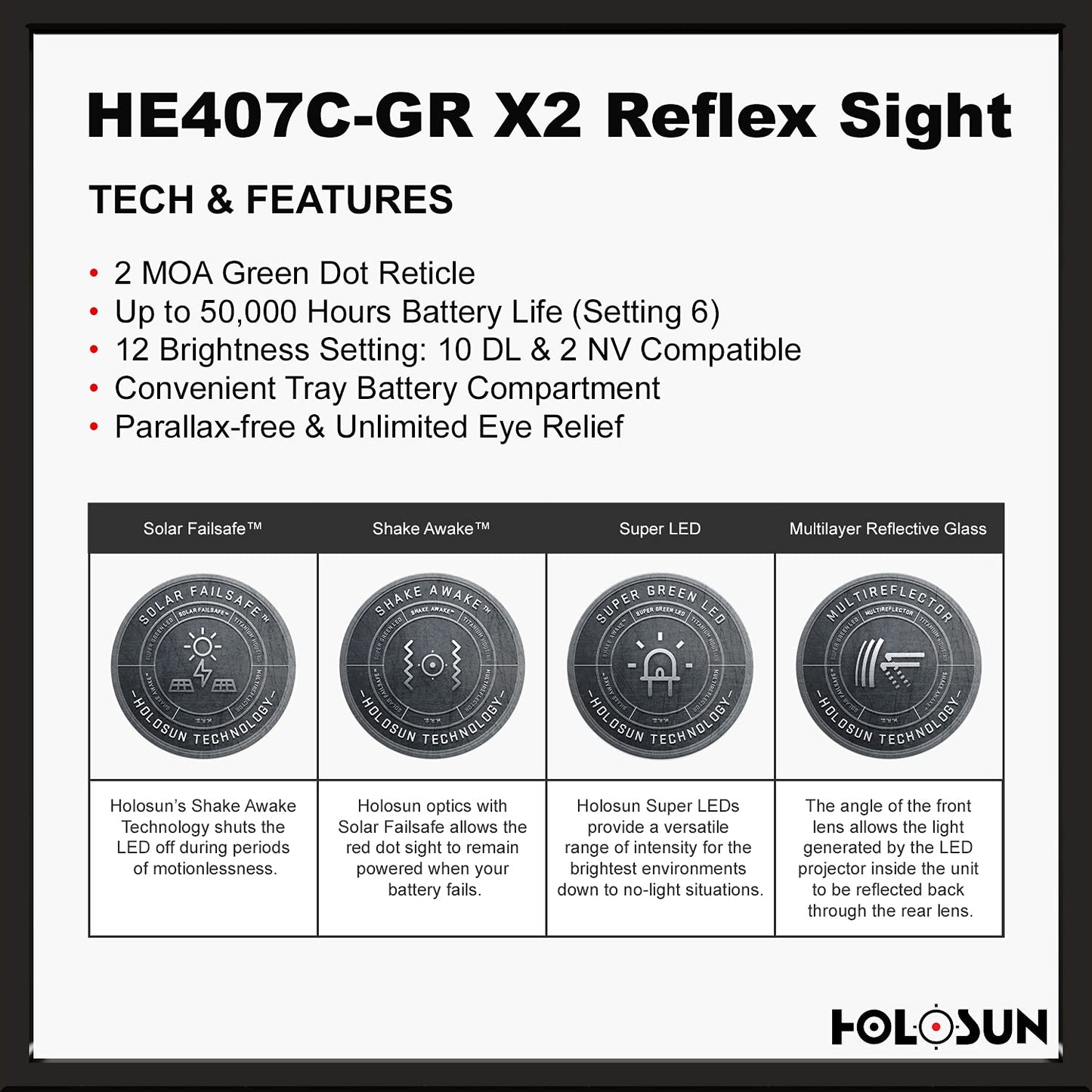 HOLOSUN Green 2MOA Dot, 7075 Aluminum, Open, Solar, Shake Awake, Pistol - HE407C-GR X2