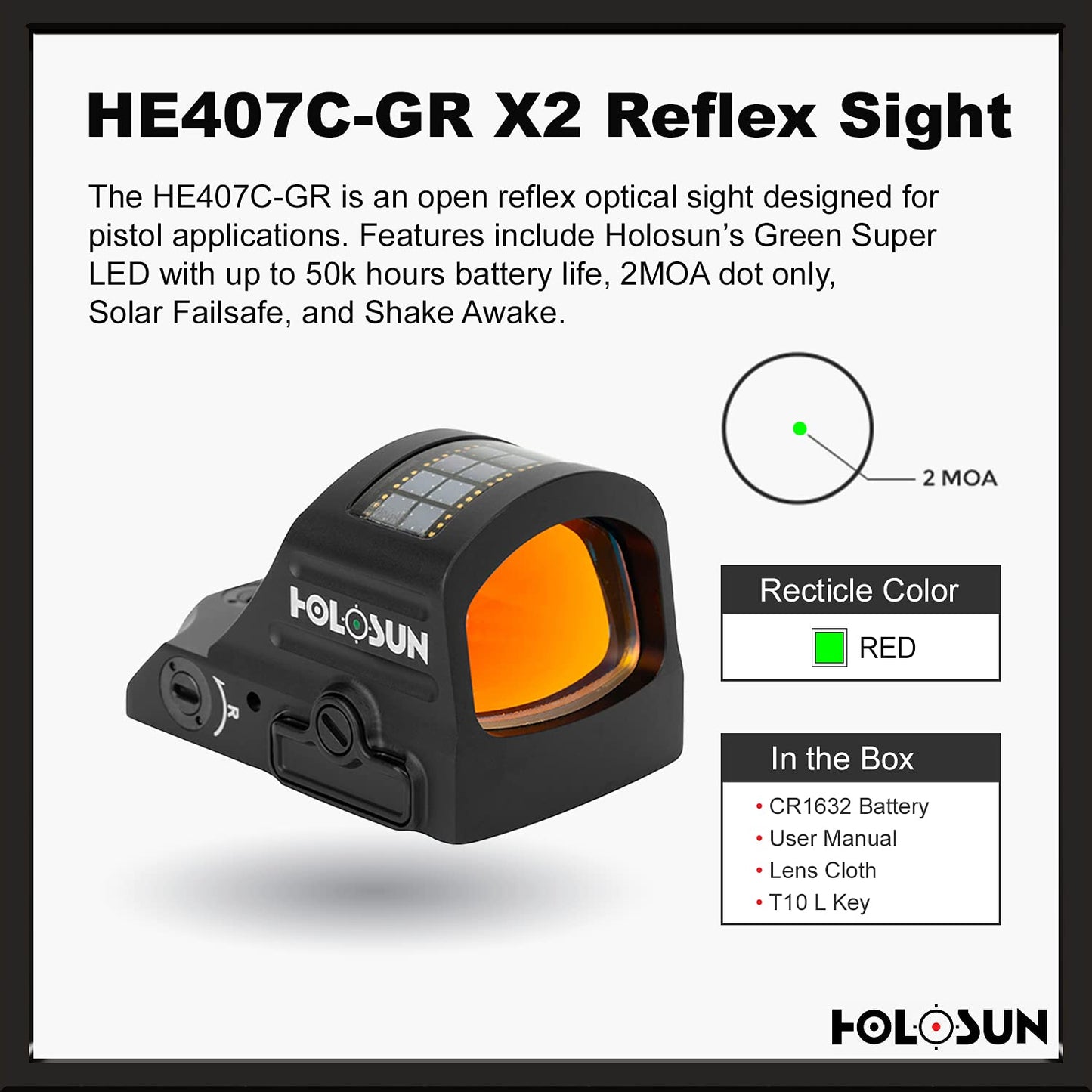 HOLOSUN Green 2MOA Dot, 7075 Aluminum, Open, Solar, Shake Awake, Pistol - HE407C-GR X2