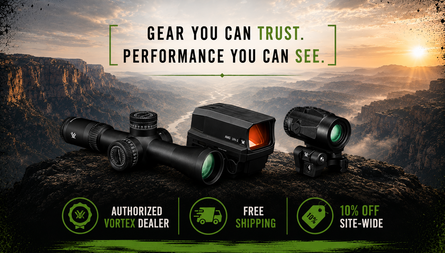 OpticsBuddy Vortex promotional banner with gear you can trust headline, free shipping, and 10 percent off