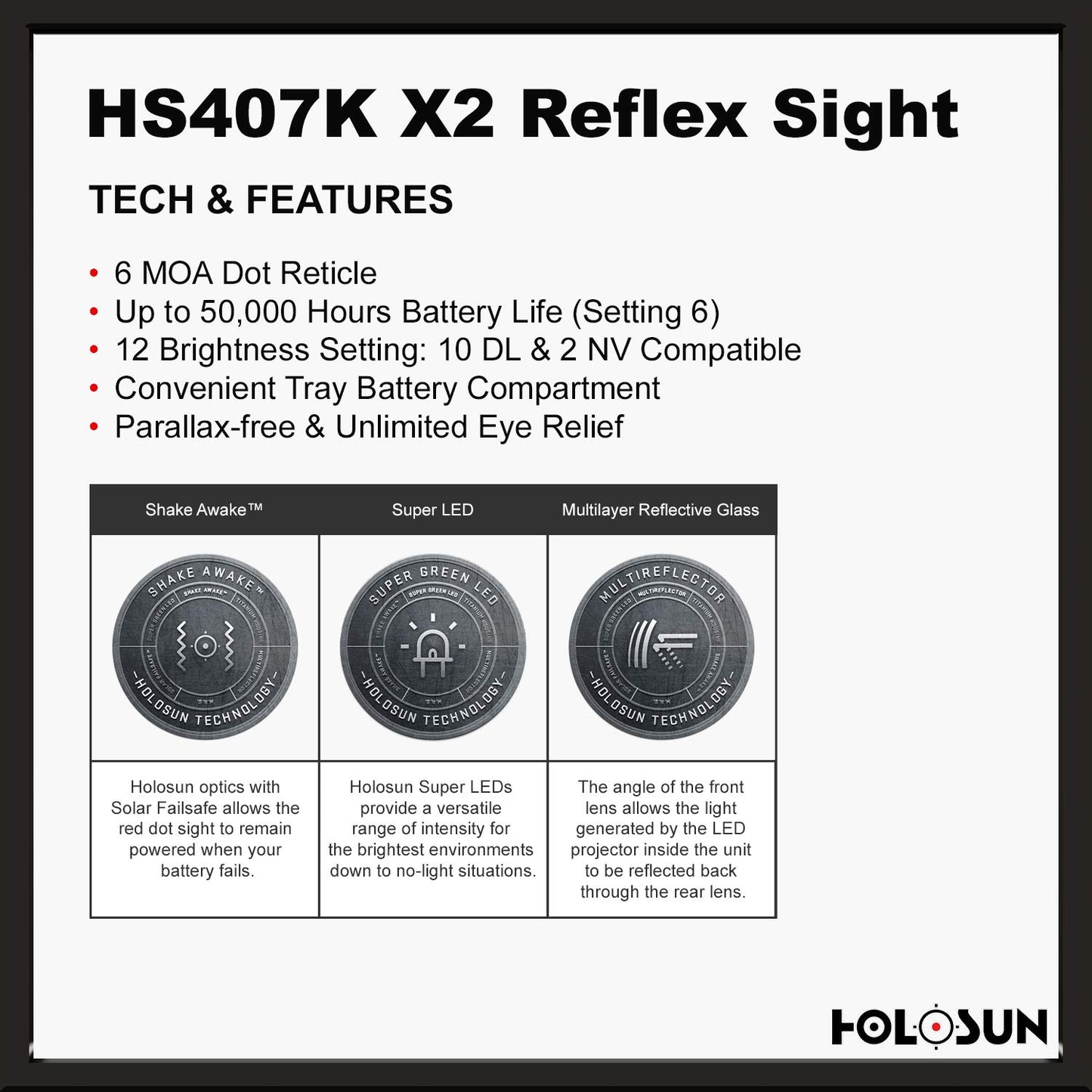 HOLOSUN Classic Open Reflex Red Dot Sight 6 MOA dot (Black) - HS407K-X2