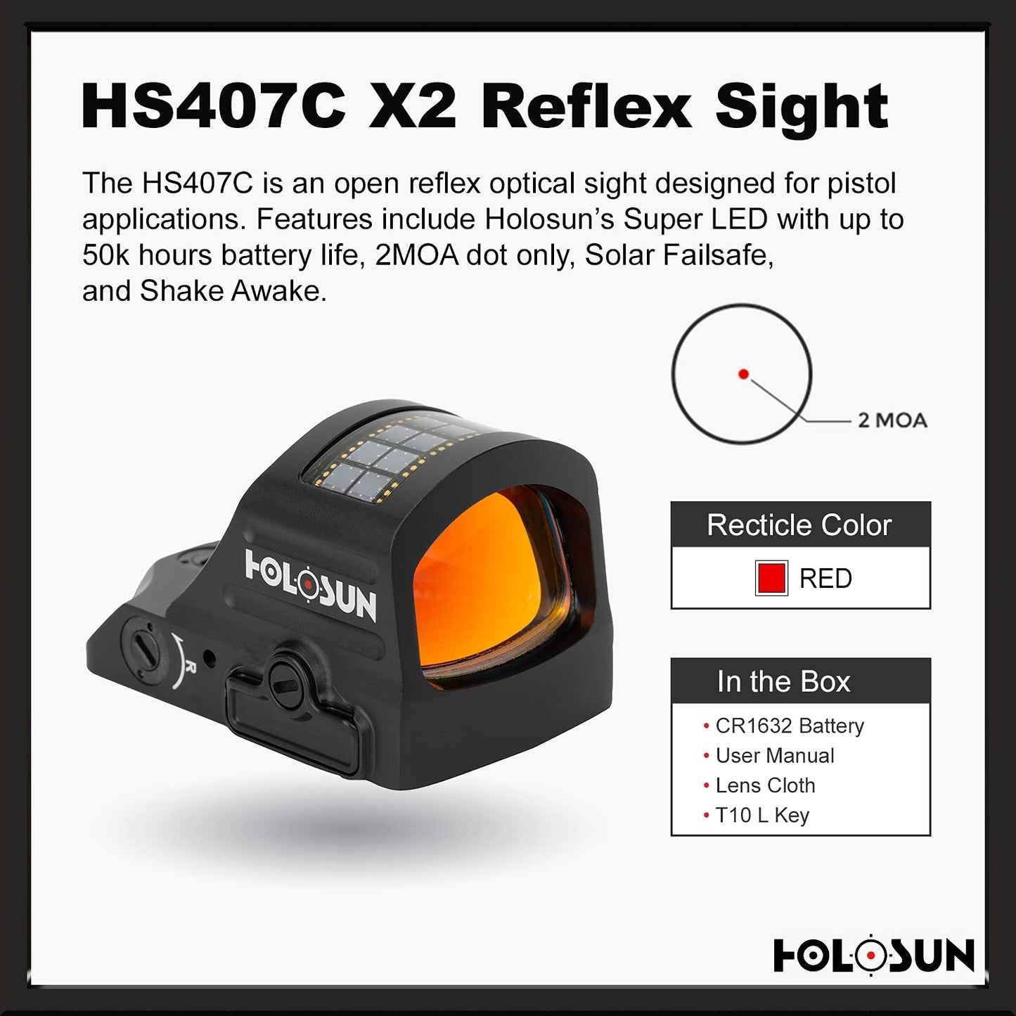 HOLOSUN Classic Open Reflex Red Dot Sight 2 MOA (Black) - HS407C-X2