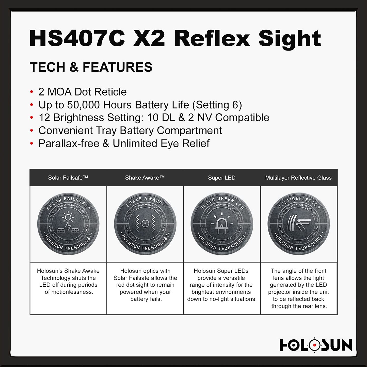 HOLOSUN Classic Open Reflex Red Dot Sight 2 MOA (Black) - HS407C-X2