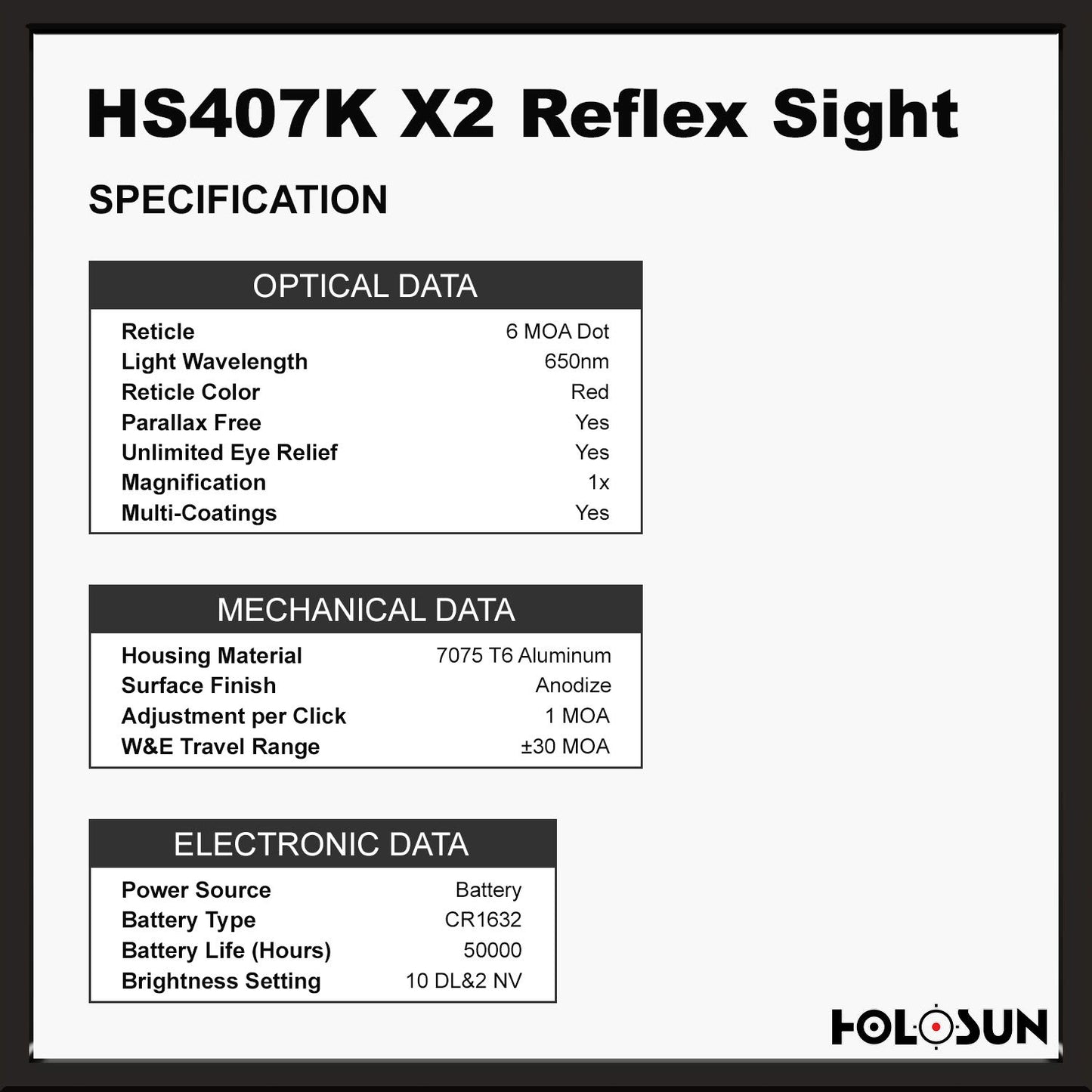 HOLOSUN Classic Open Reflex Red Dot Sight 6 MOA dot (Black) - HS407K-X2