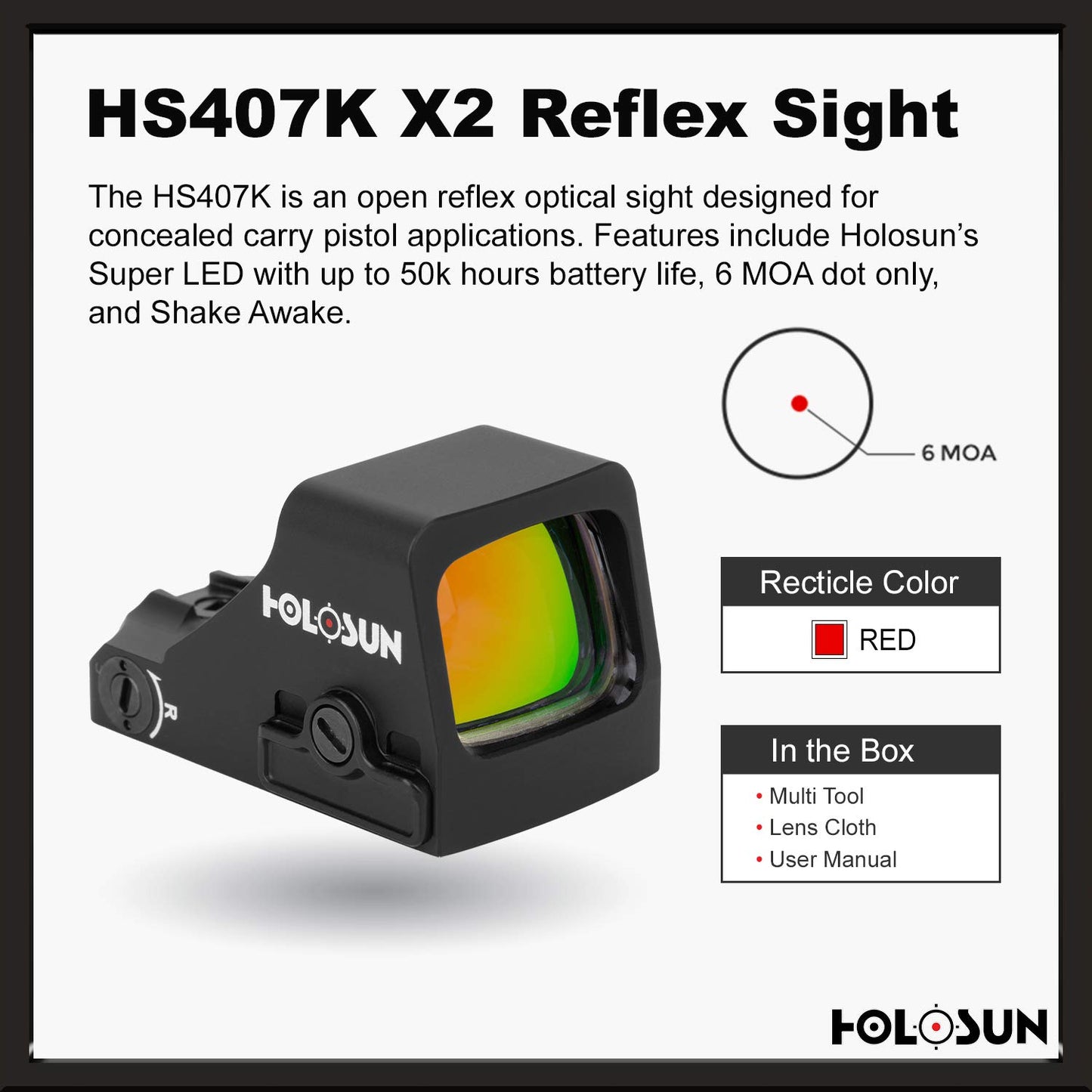 HOLOSUN Classic Open Reflex Red Dot Sight 6 MOA dot (Black) - HS407K-X2