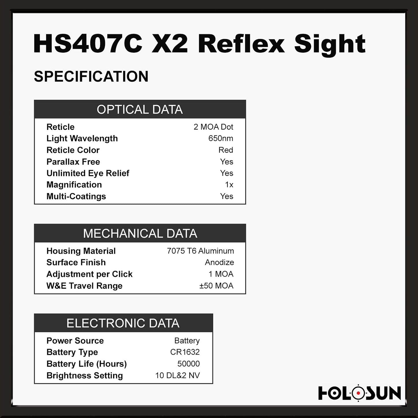 HOLOSUN Classic Open Reflex Red Dot Sight 2 MOA (Black) - HS407C-X2